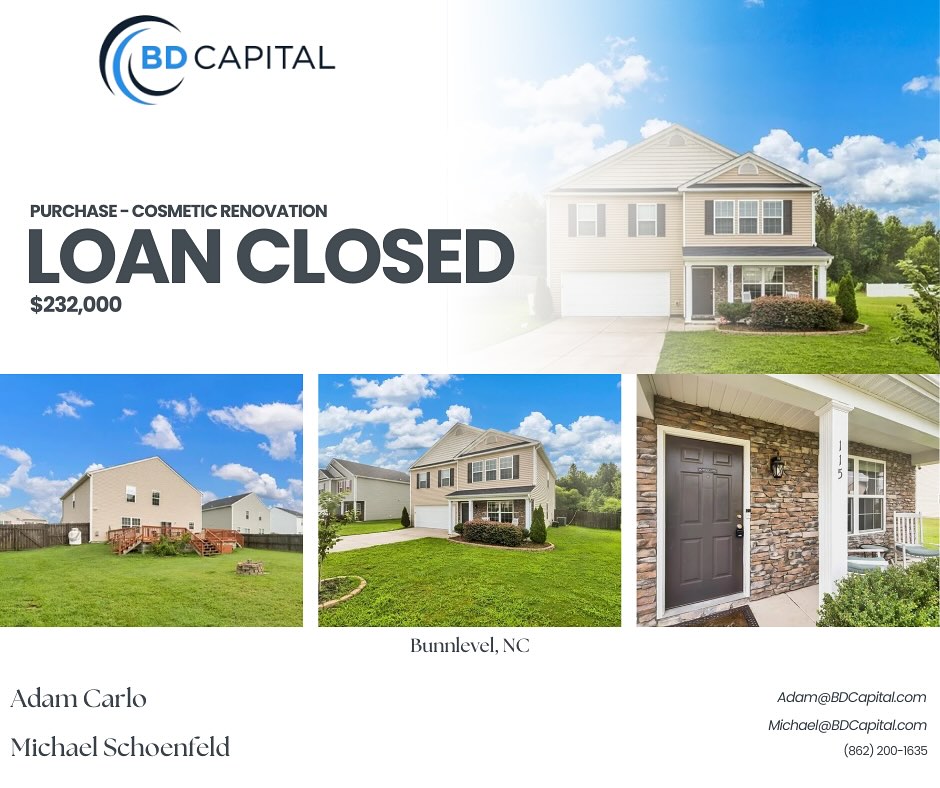 Loan Closed!
BD Capital funded a $232,000 purchase & cosmetic renovation loan in Bunnlevel, NC.
Looking for financing on your next project? Whether it’s new construction, fix & flip, or rental—we’ve got you covered.