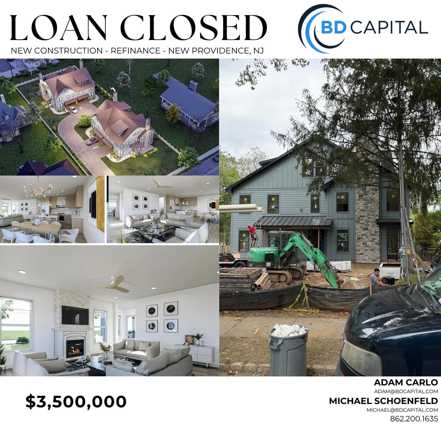 BD Capital is proud to announce the closing of a $3,500,000 New Construction Refinance in New Providence, NJ. Watching these homes go from concept to reality is what it’s all about.
Can’t wait to see these beautiful homes finished!