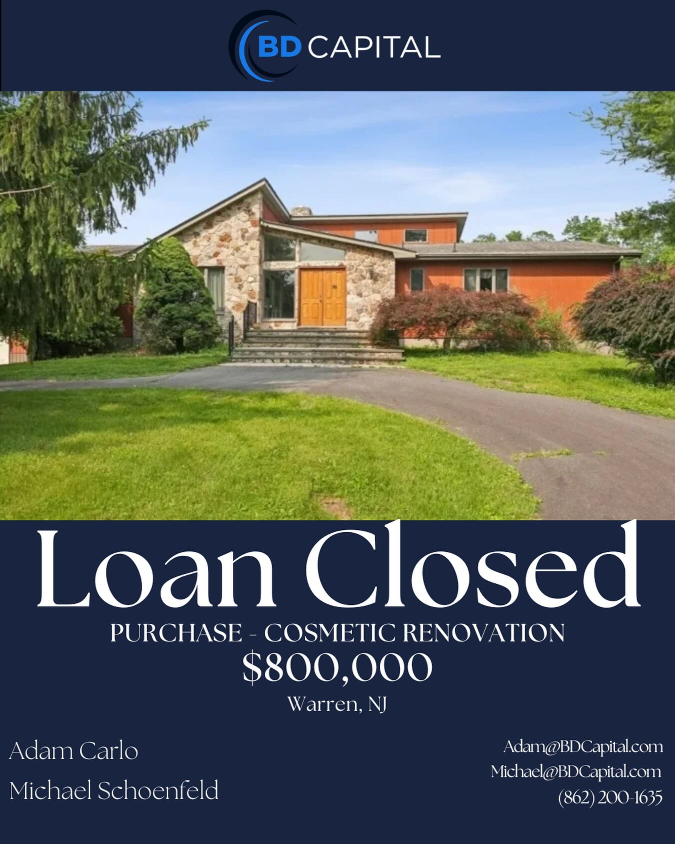 Another one right in Warren, NJ! BD Capital is proud to fund $800K for this single family home. Cosmetic renovations are on the horizon to maximize value!
#BDCapital #realestate #realestateinvesting #cosmeticrenovation