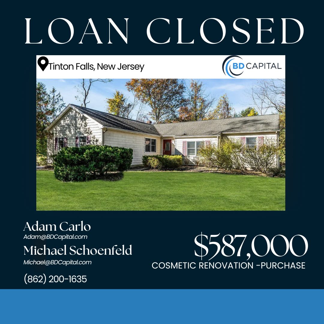 Loan Closed! $587k for a purchase with cosmetic renovation in Tinton Falls, NJ.